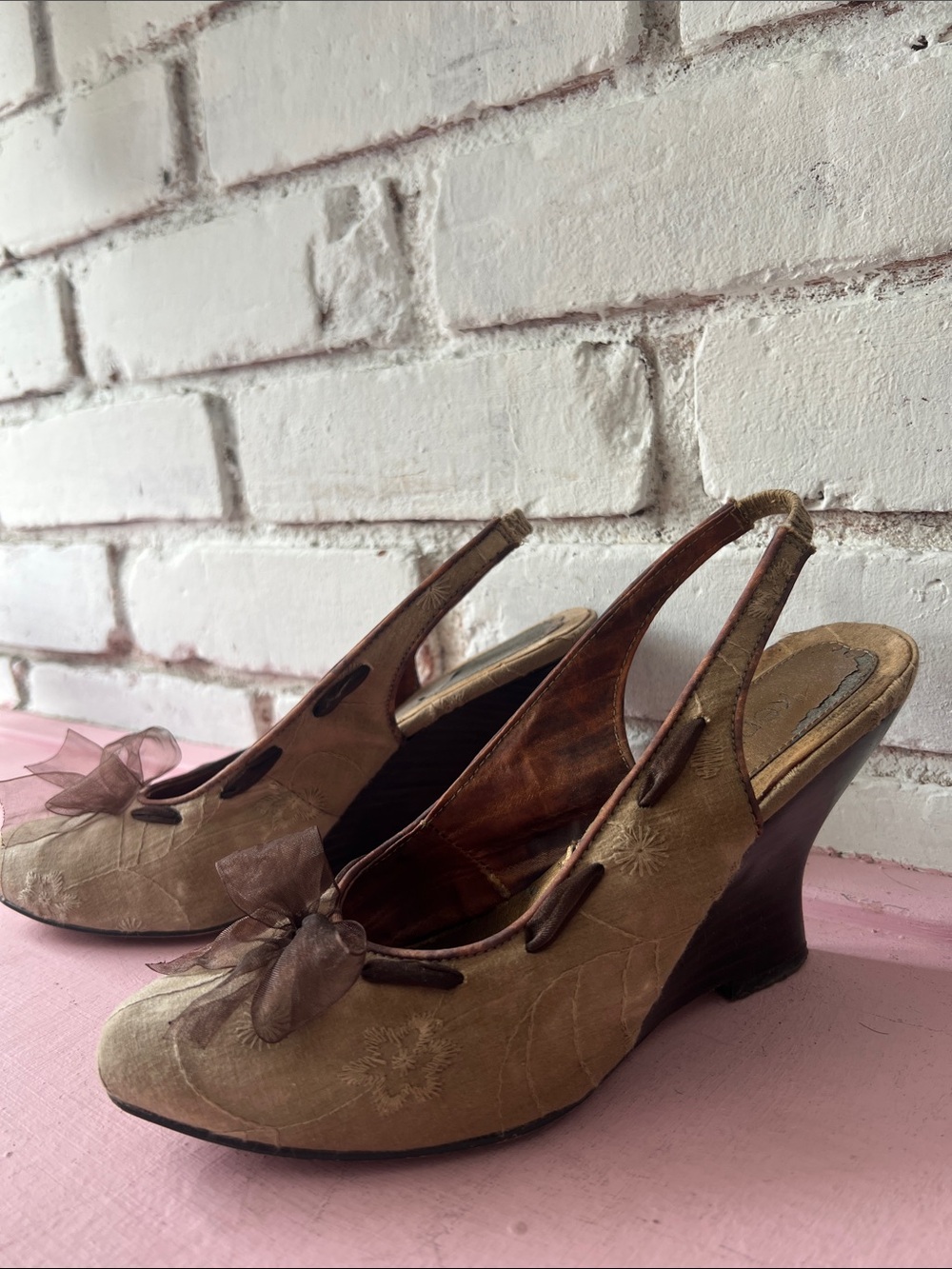 Women's Taupe Slingback Wedge Heels with Bow bohemian wedge sling back